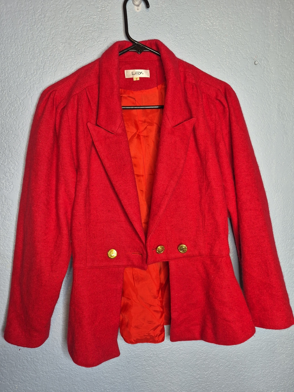 Vtg 80s 90sLilly Red Structured Peplum Blazer with Gold Buttons
